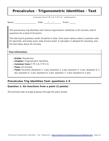 Page 1 of the Precalculus Trigonometric Identities test PDF