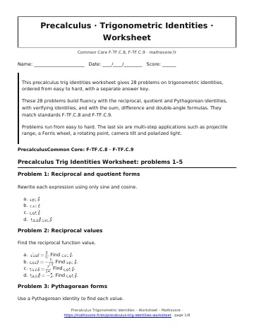 Page 1 of the Precalculus Trigonometric Identities worksheet PDF
