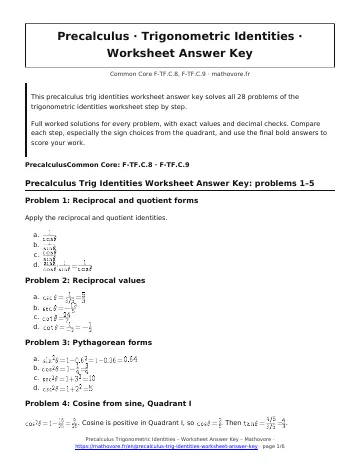 Page 1 of the Precalculus Trigonometric Identities worksheet answer key PDF
