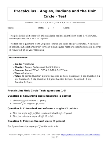 Page 1 of the Precalculus Angles, Radians and the Unit Circle test PDF