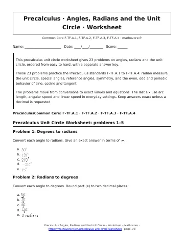 Page 1 of the Precalculus Angles, Radians and the Unit Circle worksheet PDF
