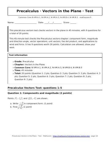 Page 1 of the Precalculus Vectors in the Plane test PDF