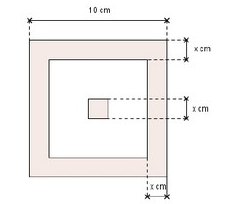 Carré de 10 cm de côté avec une bande coloriée de largeur x cm le long des quatre côtés et un petit carré colorié de côté x cm au centre – second degré exercices