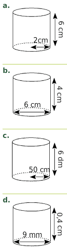 Quatre cylindres de révolution : a. rayon 2 cm et hauteur 6 cm ; b. diamètre 6 cm et hauteur 4 cm ; c. rayon 50 cm et hauteur 6 dm ; d. diamètre 9 mm et hauteur 0,4 cm – volumes en 5e