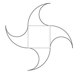 Figure en forme d'étoile à quatre branches construite autour d'un carré en pointillé de 6 cm de côté, avec quatre quarts de cercle et quatre demi-cercles