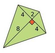 Cerf-volant aux diagonales perpendiculaires : l'une partagée en 4 cm et 4 cm, l'autre en 2 cm et 8 cm