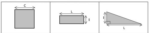 Un carré de côté c, un rectangle de longueur L et de largeur l, un triangle rectangle dont les côtés de l'angle droit mesurent L et l – périmètres 6e corrigé