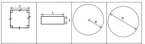 Un carré de côté c, un rectangle de longueur L et de largeur l, un cercle de rayon R et un cercle de diamètre D.