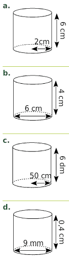Quatre cylindres de révolution : a. rayon 2 cm et hauteur 6 cm ; b. diamètre 6 cm et hauteur 4 cm ; c. rayon 50 cm et hauteur 6 dm ; d. diamètre 9 mm et hauteur 0,4 cm