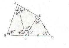 Figure de l’exercice 14 avec les angles trouvés : 75°, 75° et 30° dans ABC, 45° et 45° dans ACE, 60° dans CDE.