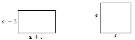 Brevet maths 2022, exercice 4 : un rectangle de largeur x − 3 et de longueur x + 7, et à côté un carré de côté x