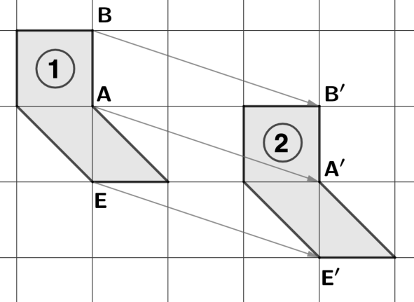 Quadrillage avec la figure 1 de sommets B, A, E et la figure 2 de sommets B′, A′, E′ ; des flèches parallèles de même longueur relient B à B′, A à A′ et E à E′