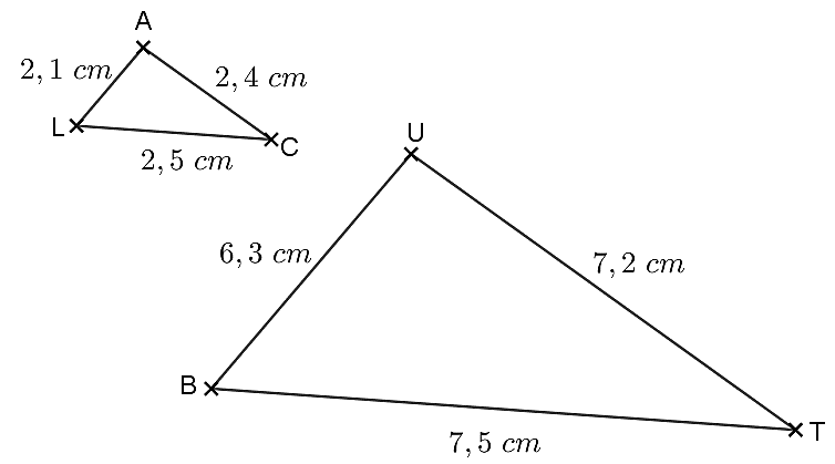 Triangle LAC avec LA = 2,1 cm, AC = 2,4 cm et LC = 2,5 cm, et triangle BUT avec BU = 6,3 cm, UT = 7,2 cm et BT = 7,5 cm