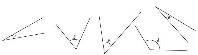 Cinq angles à mesurer au rapporteur, notés a, b, c, d et e