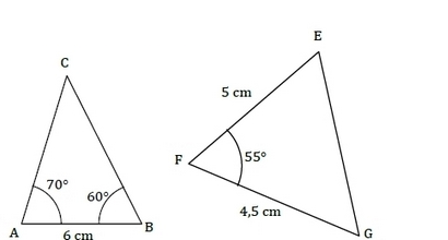 Triangle ABC avec AB = 6 cm et des angles de 70° en A et 60° en B ; triangle EFG avec FE = 5 cm, FG = 4,5 cm et un angle de 55° en F – perpendiculaires 6e exercices