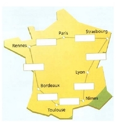 Carte de France avec Rennes, Paris, Strasbourg, Lyon, Nîmes, Toulouse et Bordeaux reliées par des routes, et une case vide sur chaque route pour écrire la distance – statistiques en 6e