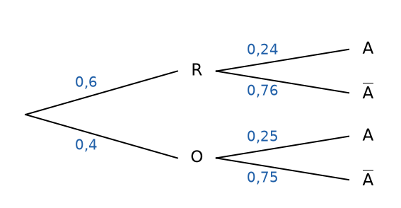 Arbre pondéré complété : R 0,6 et O 0,4 ; sachant R, A 0,24 et non A 0,76 ; sachant O, A 0,25 et non A 0,75 – probabilités 1ère corrigé