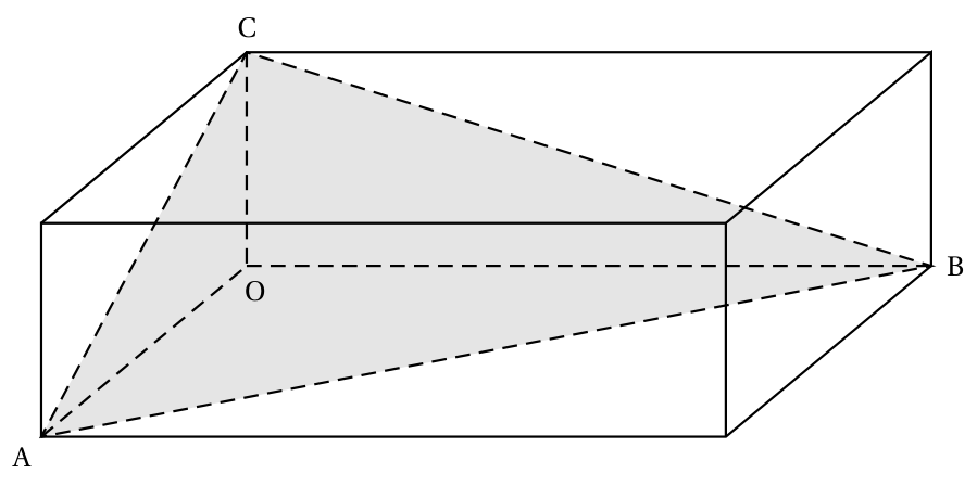 Pavé droit de sommet O dont trois arêtes portent les points A, B et C ; le triangle ABC est grisé, et les segments OA, OB, OC sont en pointillés, formant la pyramide OABC