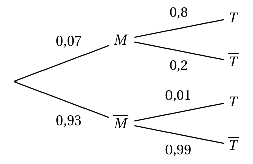 Arbre pondéré : branches M (0,07) et M barre (0,93) ; après M, branches T (0,8) et T barre (0,2) ; après M barre, branches T (0,01) et T barre (0,99)