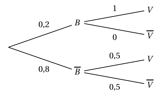 Arbre pondéré : de la racine, B avec 0,2 et B barre avec 0,8 ; sous B, V avec 1 et V barre avec 0 ; sous B barre, V avec 0,5 et V barre avec 0,5