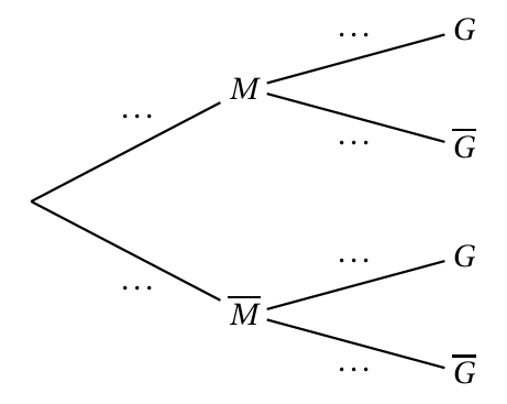 Arbre pondéré à compléter : de la racine partent les branches M et M barre, puis de chacune les branches G et G barre, toutes les probabilités étant remplacées par des pointillés
