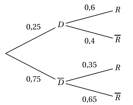 Arbre pondéré : la racine mène à D avec 0,25 et à D barre avec 0,75 ; de D partent R avec 0,6 et R barre avec 0,4 ; de D barre partent R avec 0,35 et R barre avec 0,65