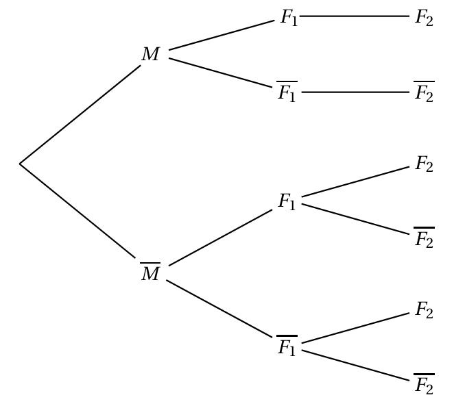 Arbre de probabilités non pondéré : une première génération M et M barre ; après M, deux branches F1 puis F2 et F1 barre puis F2 barre ; après M barre, les branches F1 et F1 barre, chacune suivie de F2 et F2 barre