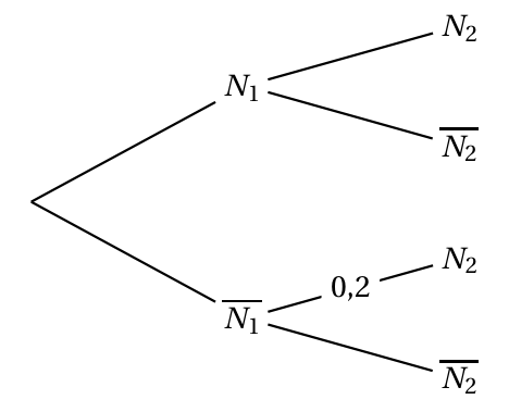 Arbre de probabilités à compléter : première génération N1 et non N1, deuxième génération N2 et non N2 après chacune ; seule la branche de non N1 vers N2 porte la probabilité 0,2
