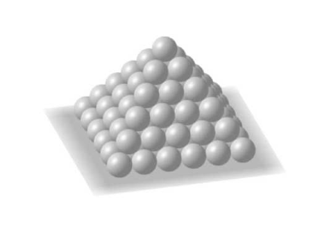 Pyramide à base carrée formée de boules grises identiques empilées, une seule boule au sommet