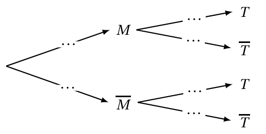 Arbre pondéré à compléter : deux branches vers M et M barre portant des pointillés, puis de chacun de ces nœuds deux branches vers T et T barre, elles aussi en pointillés