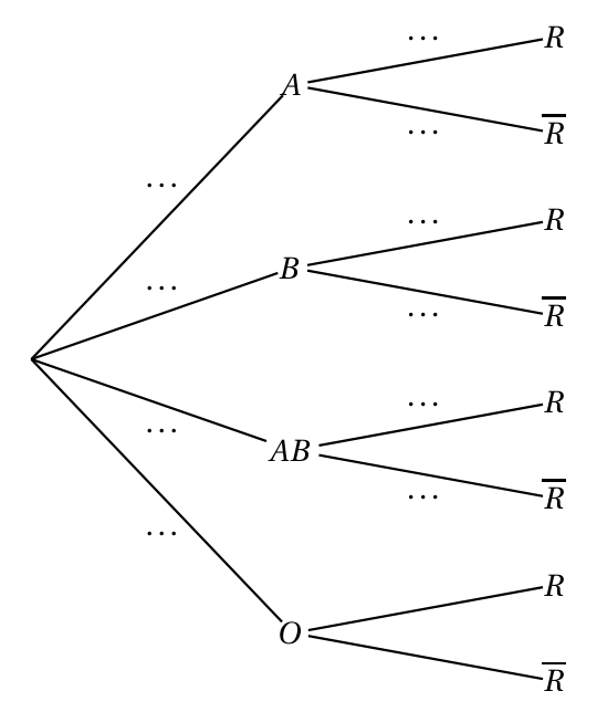 Arbre pondéré à compléter : de la racine partent quatre branches vers A, B, AB et O, chacune portant des pointillés ; de A, B et AB partent deux branches vers R et R barre avec des pointillés ; de O partent deux branches vers R et R barre sans pondération