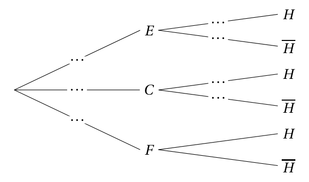 Arbre de probabilités à compléter : trois branches issues de la racine vers E, C et F portant des pointillés ; de E et de C partent deux branches vers H et H barre portant des pointillés ; de F partent deux branches vers H et H barre sans pointillés