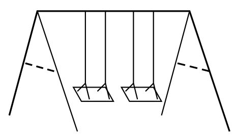 Portique complet avec ses deux paires de pieds, ses barres de maintien en pointillés et deux balançoires suspendues à la poutre horizontale
