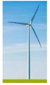 Photographie d'une éolienne à trois pales sur un mât blanc, ciel bleu