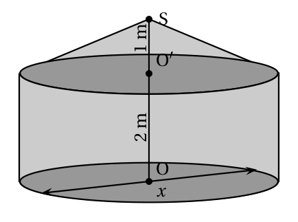 Case formée d'un cylindre de diamètre x et de hauteur OO' = 2 m, surmonté d'un cône de sommet S de hauteur O'S = 1 m