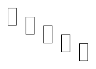 Frise de cinq rectangles verticaux identiques, séparés les uns des autres, disposés en escalier descendant vers la droite