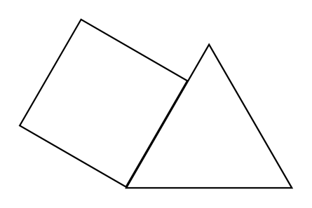 Figure A modifiée : triangle équilatéral de 4 cm de côté et carré de 3 cm de côté construit à l'extérieur du triangle sur son côté gauche, à partir du sommet gauche de la base