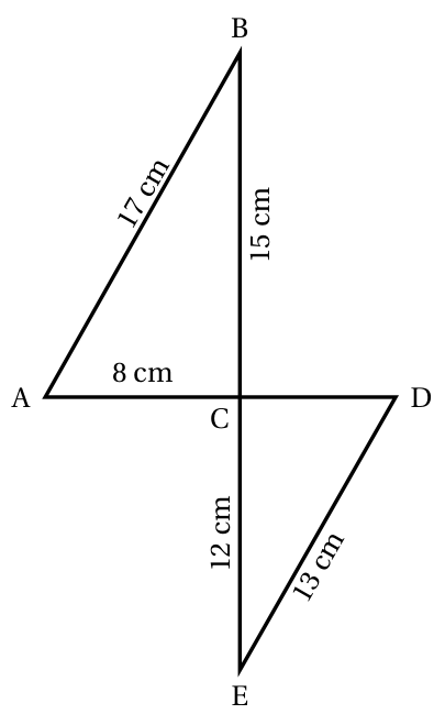 Deux triangles opposés par le sommet C : triangle ABC en haut à gauche avec AC = 8 cm, BC = 15 cm et AB = 17 cm, triangle CDE en bas à droite avec CE = 12 cm et DE = 13 cm ; les points A, C, D sont alignés horizontalement et B, C, E verticalement