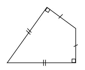 Cerf-volant à quatre côtés : côté du bas et côté oblique de gauche de même longueur (deux traits), deux petits côtés de même longueur (un trait) à droite et en haut, angles droits en bas à droite et au sommet du haut