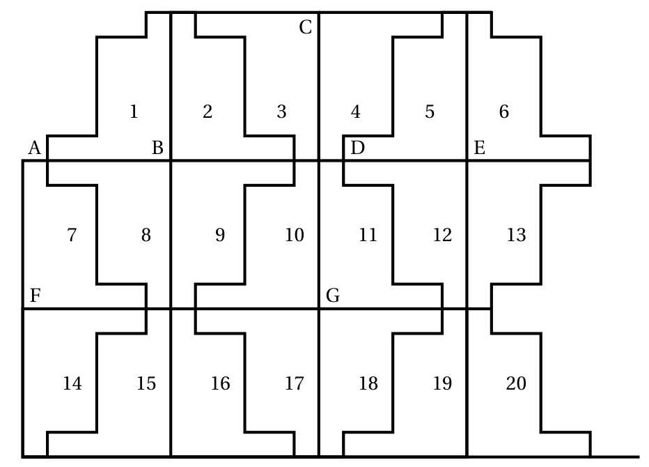 Pavage formé de 20 motifs identiques au dessin 4, numérotés de 1 à 6 sur la rangée du haut, de 7 à 13 sur celle du milieu et de 14 à 20 sur celle du bas ; points repérés A, B, D, E sur la ligne séparant les rangées du haut et du milieu, C en haut, F et G sur la ligne séparant les rangées du milieu et du bas ; la droite (CG) est verticale