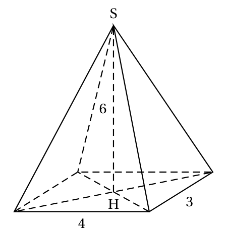 Pyramide de sommet S à base rectangulaire de côtés 4 et 3, de hauteur SH = 6, H étant le centre de la base