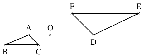 Petit triangle ABC à gauche du point O et grand triangle DEF à droite de O, retourné par rapport à ABC : D correspond à A, E à B et F à C
