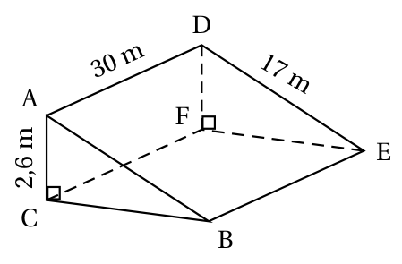 Prisme droit CBAFED à bases triangulaires ACB et DFE rectangles en C et en F, avec AC = 2,6 m, AD = 30 m et DE = 17 m