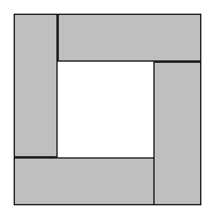 Vue du dessus de la table sans légende : quatre rectangles gris en moulinet autour d'un carré blanc central