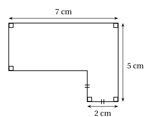 Polygone en forme de L à angles droits : côté du haut de 7 cm, côté droit de 5 cm, petit côté du bas de 2 cm, égal au segment vertical qui remonte vers la partie gauche