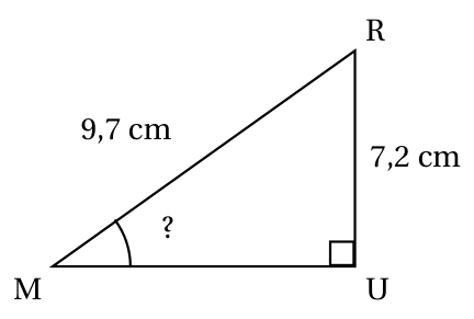 Triangle MUR rectangle en U avec MR = 9,7 cm (hypoténuse) et UR = 7,2 cm ; l'angle en M est marqué d'un point d'interrogation