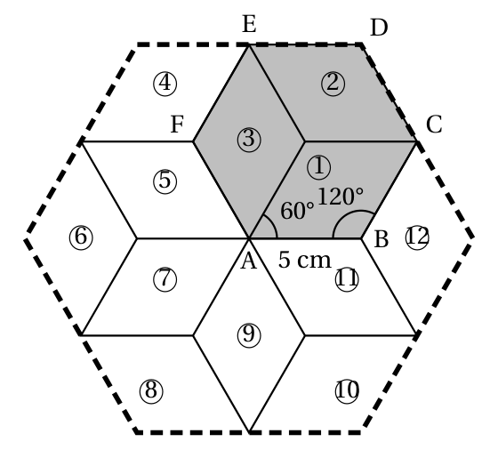 Motif hexagonal formé de douze losanges numérotés de 1 à 12 autour du point A ; six losanges intérieurs (1, 3, 5, 7, 9, 11) partent de A et six losanges extérieurs (2, 4, 6, 8, 10, 12) les séparent ; l'hexagone grisé ABCDEF est formé des losanges 1, 2 et 3, avec AB = 5 cm, un angle de 60° en A et de 120° en B