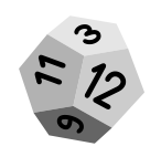 Dé à 12 faces (dodécaèdre) montrant les faces 3, 11, 12 et 9, la face du dessus portant le nombre 3