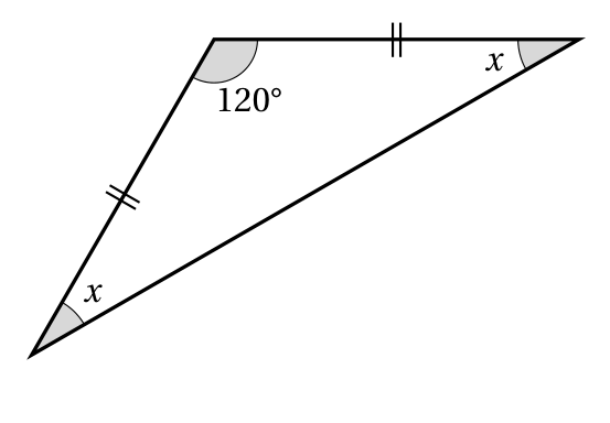 Triangle ayant deux côtés codés de même longueur qui encadrent un angle de 120 degrés, les deux autres angles étant notés x