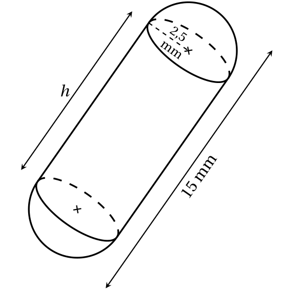 Bonbon en forme de gélule : un cylindre de hauteur h terminé par deux demi-boules de rayon 2,5 mm, la longueur totale du bonbon étant de 15 mm
